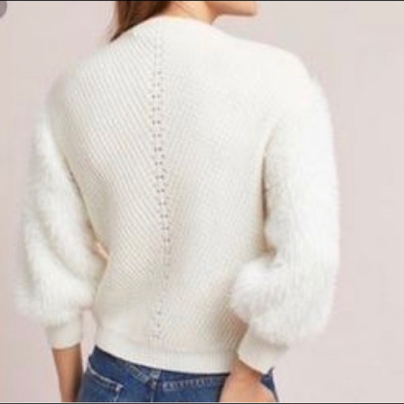 Anthropologie Fuzzy Puff Sleeve Sweater Cream Med - Picture 3 of 7